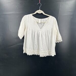 Guest Editor lace v-neck top poet peasant blouse boho feminine coquette white L